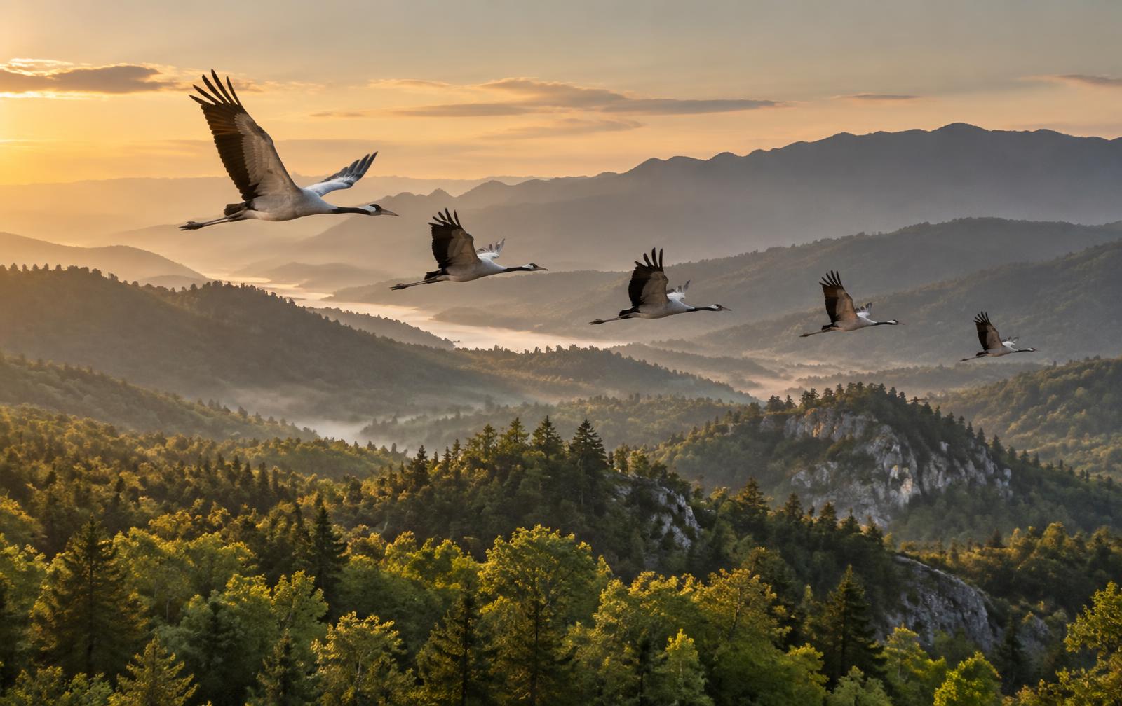 Cranes flying above a forested Southeast European mountain landscape